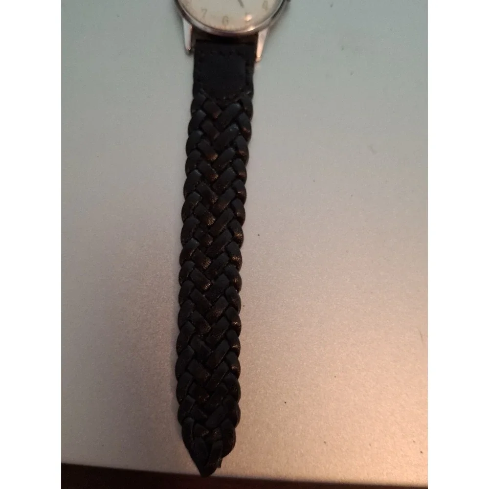 Timex Mens Manual Wind Up Watch. Chrome Plated, New Black Braided Leather Band.